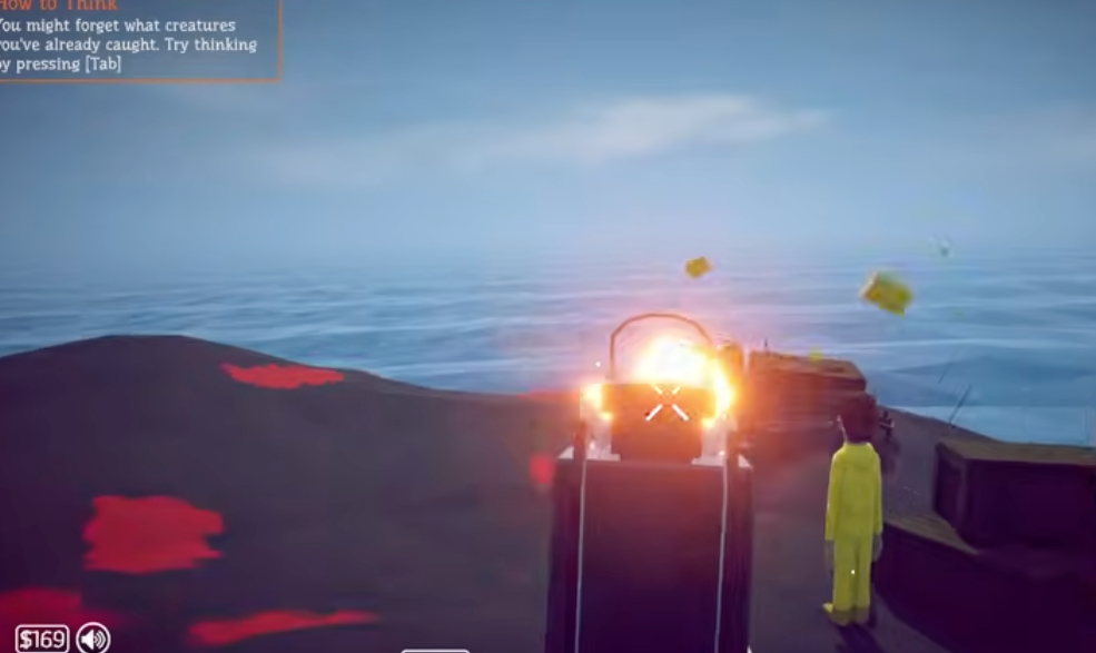 How to Fish gameplay showing a catch being shot beside the ocean
