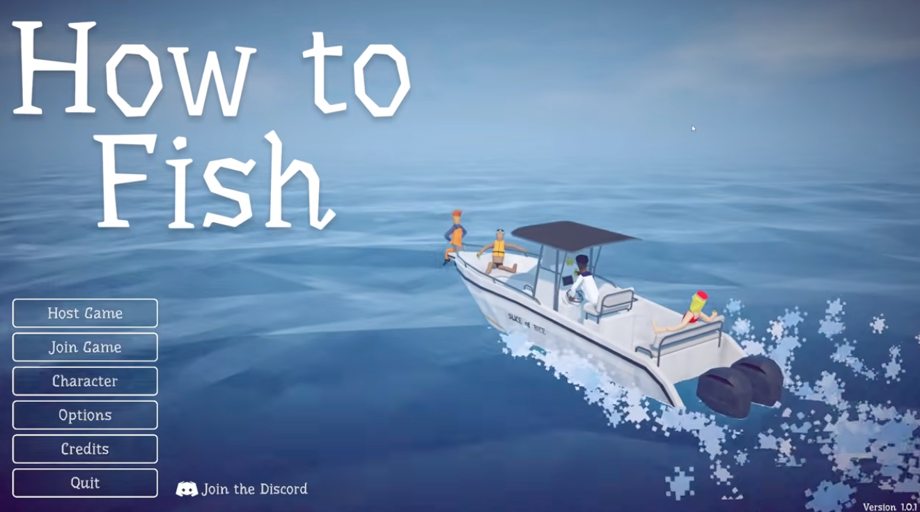 How to Fish title screen with a boat travelling across the ocean